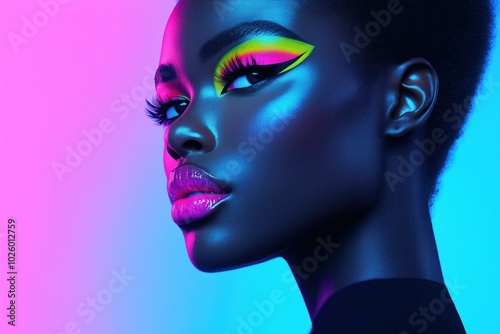 Stunning portrait of a model showcasing vibrant makeup with neon colors against a gradient backdrop during a creative photoshoot