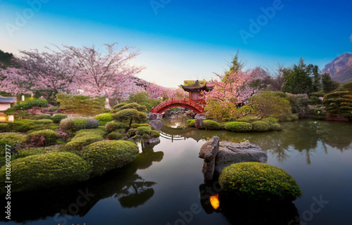 A tranquil Japanese garden scene features a red arched bridge spanning a pond. photo