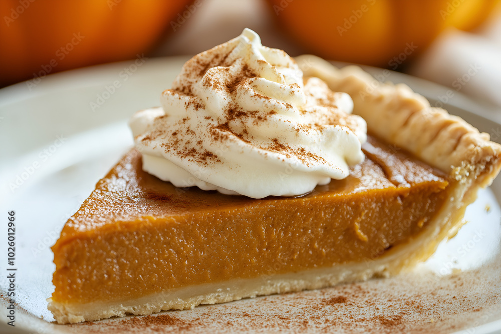 Classic Pumpkin Pie with Whipped Cream, A beautifully baked pumpkin pie, topped with a dollop of whipped cream and a sprinkle of cinnamon, perfect for autumn and Thanksgiving, Food photography Classic Pumpkin Pie with Whipped Cream, A beautifully baked pumpkin pie, topped with a dollop of whipped cream and a sprinkle of cinnamon, perfect for autumn and Thanksgiving, Food photography