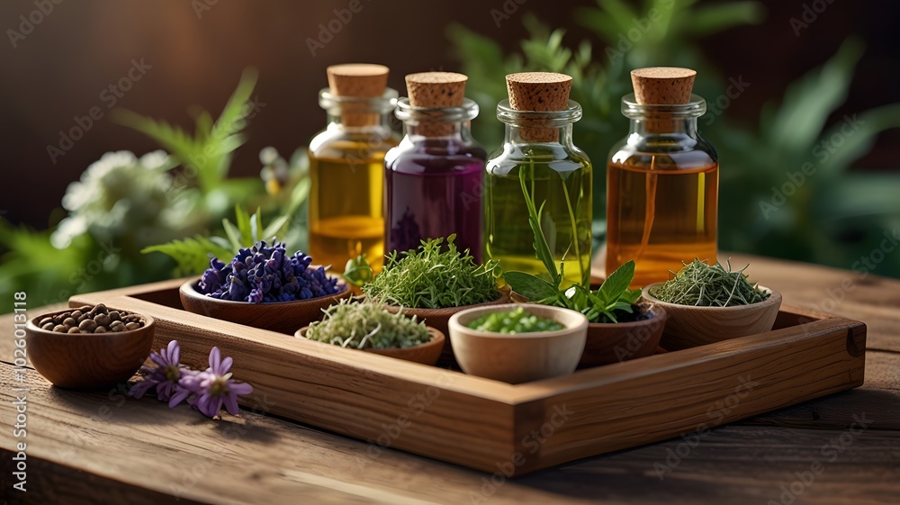 3D of Herbal Poultices and Natural Oils on a Wooden Tray for Traditional Healing 3D of Herbal Poultices and Natural Oils on a Wooden Tray for Traditional Healing