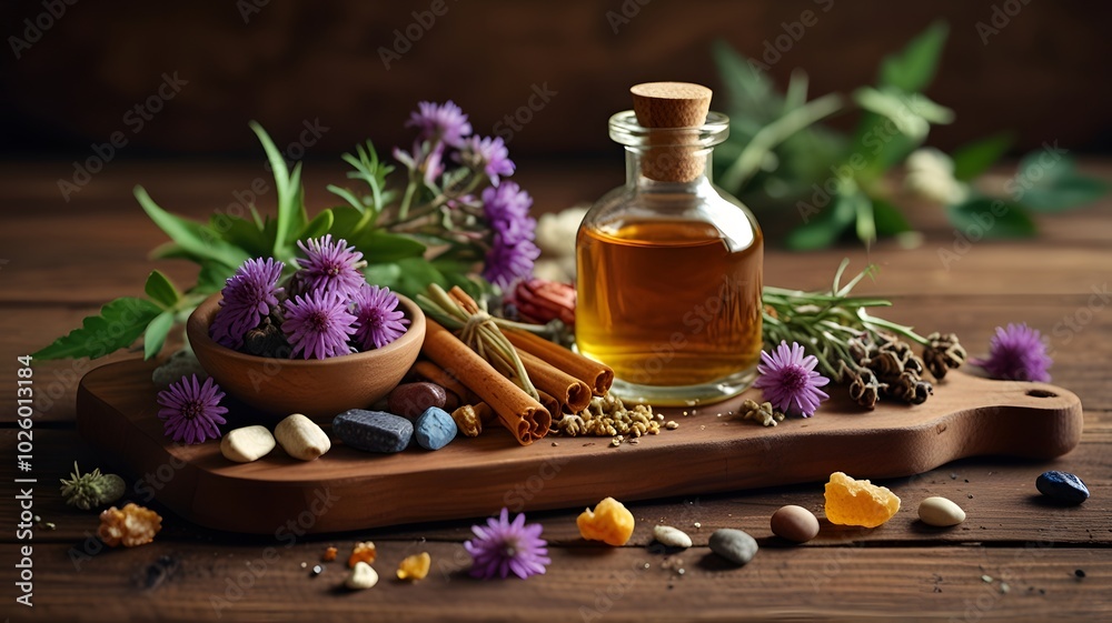 3D of Herbal Remedies on a Wooden Table with Dried Flowers and Healing Stones 3D of Herbal Remedies on a Wooden Table with Dried Flowers and Healing Stones