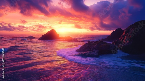 Breathtaking sunset over ocean waves and rocky shore, showcasing vibrant colors and serene nature beauty at dusk.
