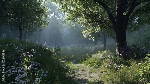 Serene forest path illuminated by soft sunlight