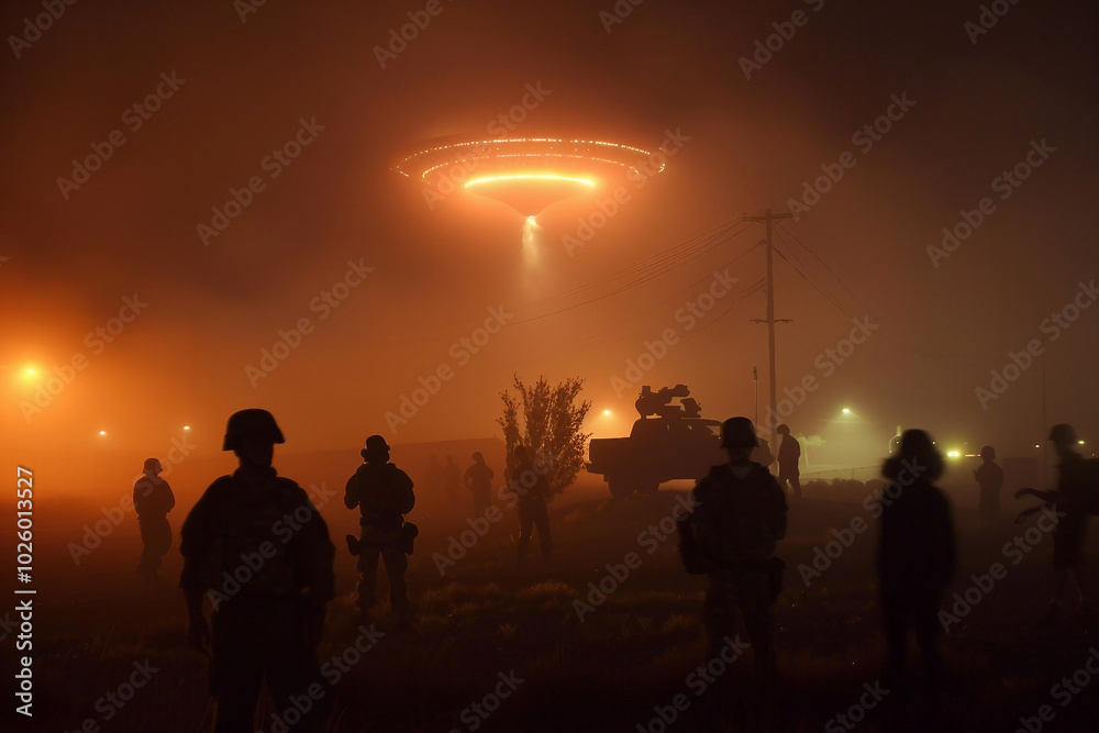 Fototapeta premium Mysterious ufo encounter and alien abduction with flying saucer generative AI