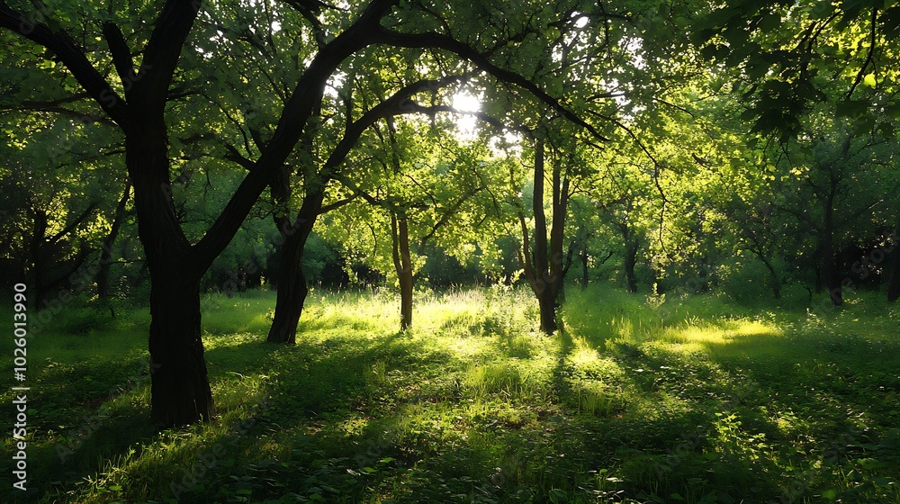 Fototapeta premium Sunlit forest with lush green trees and grass.