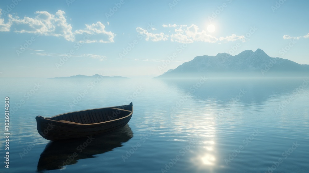 A Wooden Rowboat Alone in a Calm, Misty Sea with a Mountain Range in the Distance A Wooden Rowboat Alone in a Calm, Misty Sea with a Mountain Range in the Distance