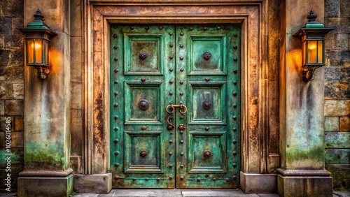 Stunning Old Oxidized Copper Entrance Door with Verdigris for Unique Architectural Photography