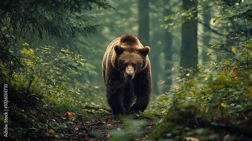 A brown bear walks through a lush green forest. photo