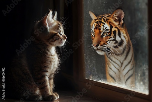 A kitten gazing at a tiger through a window.