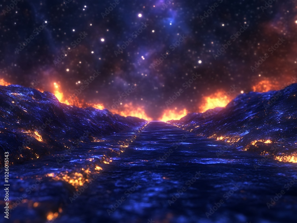 Naklejka premium Abstract cosmic landscape with fiery mountains and starry sky.
