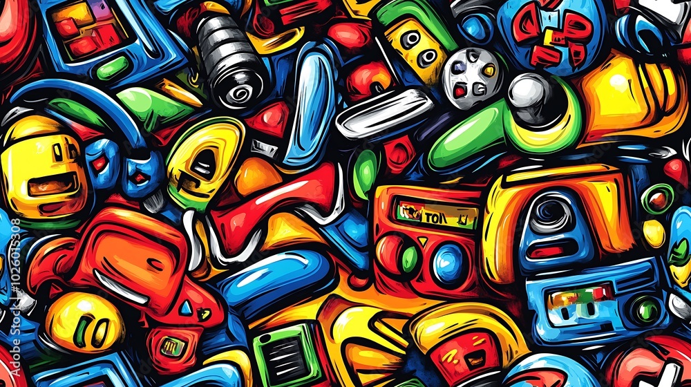 Fototapeta premium A colorful doodle pattern featuring old-school video game controllers, pixelated characters, and arcade screens, with neon pixel grids and vibrant backgrounds, playful and nostalgic, hd quality,