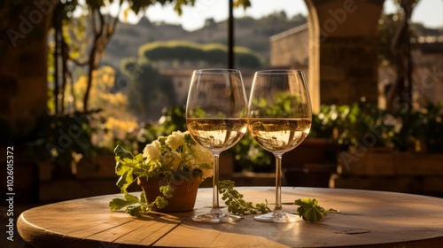 The Upside-Down Reflection: Exquisite White Wine on Antique B rel, Amidst Old Stone Winery Cell  photo