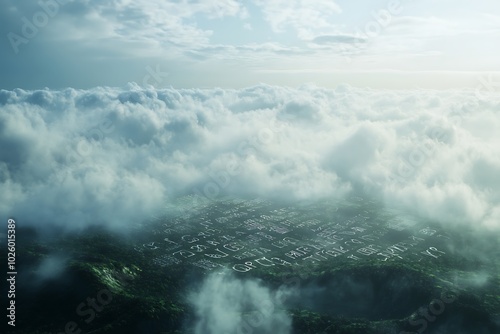 Aerial view of a city shrouded in clouds.