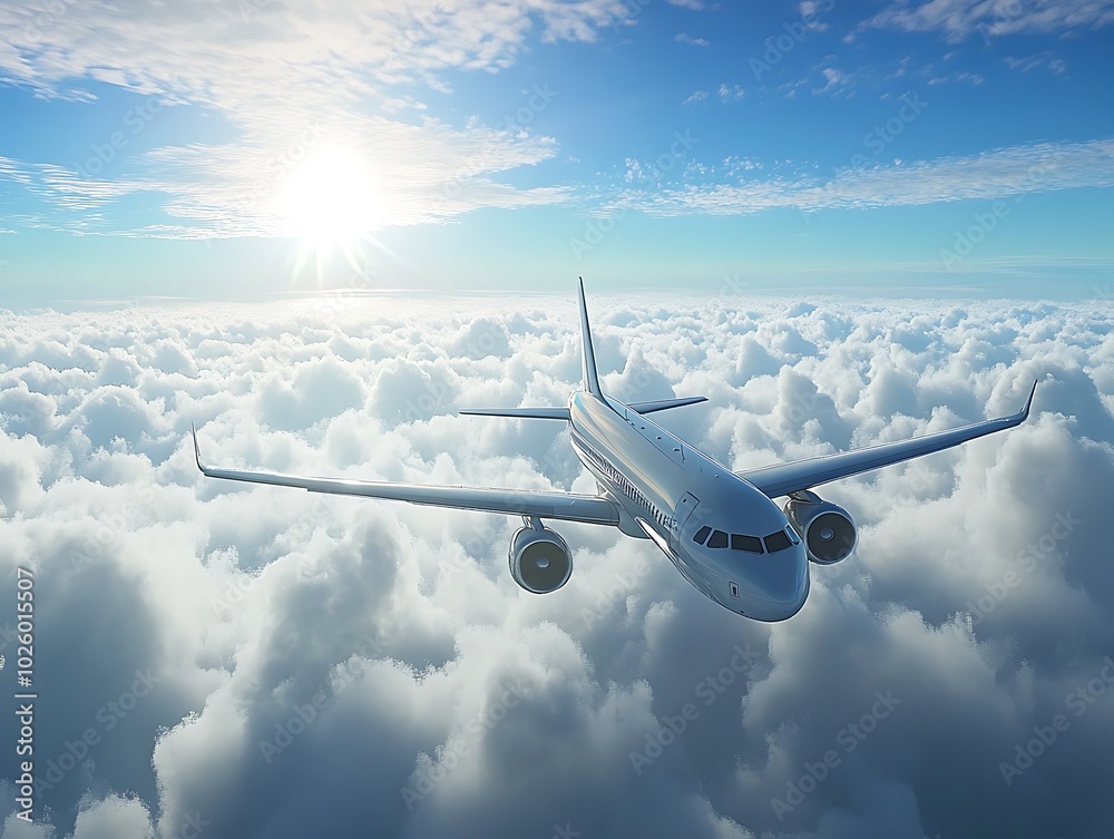 Airplane flying above clouds with sunlight in the background Airplane flying above clouds with sunlight in the background