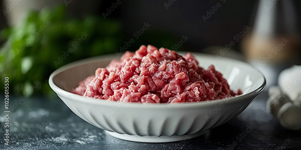 A white bowl filled with ground meat, ready to be used in a culinary creation. A white bowl filled with ground meat, ready to be used in a culinary creation.