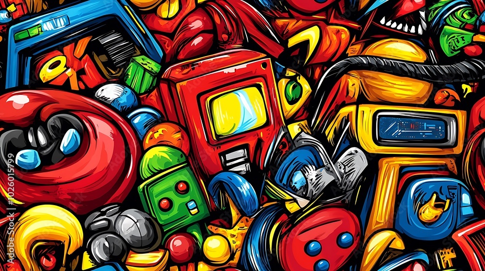 Fototapeta premium A colorful doodle pattern showcasing pixelated characters, retro game consoles, arcade machines, and neon color splashes, with a grid-like background, nostalgic and playful, hd quality,