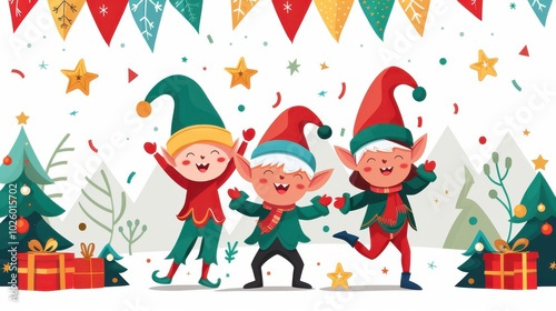 Cute Winter Background with Christmas Elves Celebration