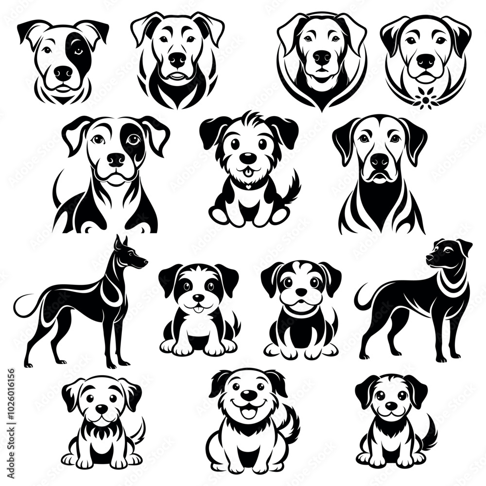 Obraz premium logo, icon, symbol, set, collection of various dogs, black outline drawing on a white background