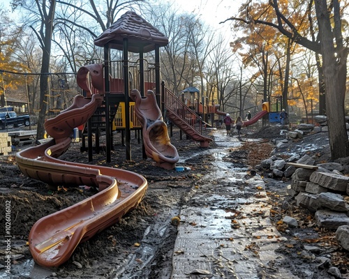 Volunteers building a playground in a local park. photo