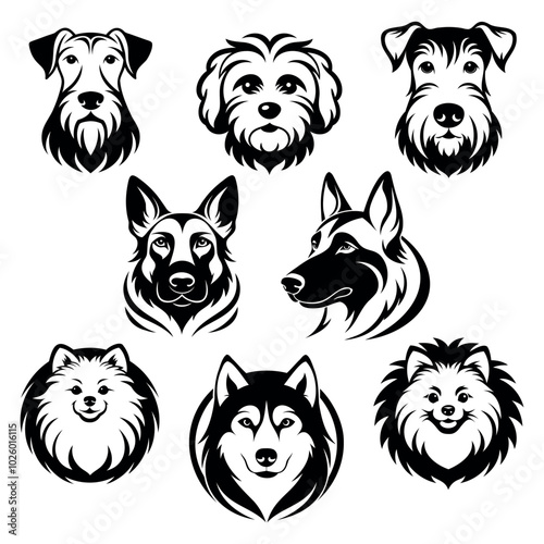 
logo, icon, symbol, set, collection of various purebred dogs, black outline drawing on a white background