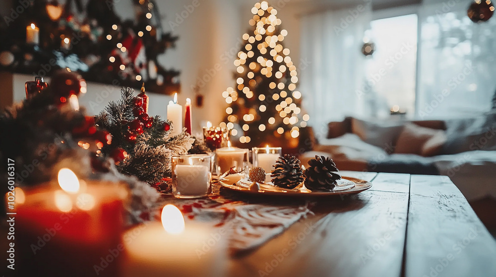 Cozy Christmas Eve setting with festive decorations and candlelight creating a warm atmosphere