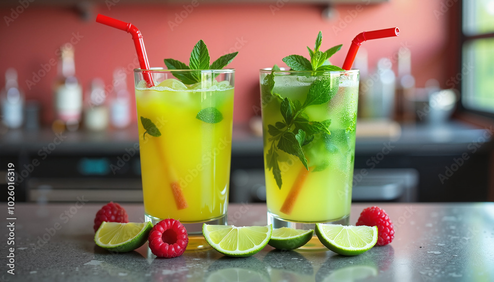 Two vibrant citrus cocktails with mint, lime, and raspberries
