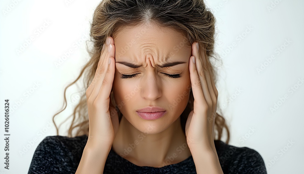 Fototapeta premium Woman with headache, isolated on white background. Female holding her head in pain, showing discomfort or stress. Concept of health issues, tension, migraine, or fatigue