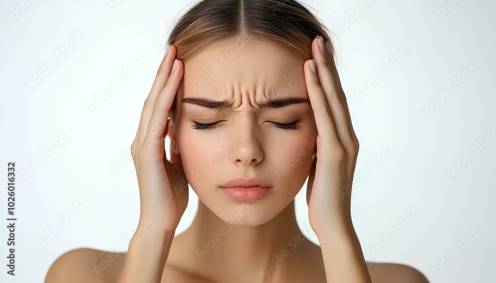 Woman with headache, isolated on white background. Female holding her head in pain, showing discomfort or stress. Concept of health issues, tension, migraine, or fatigue Woman with headache, isolated on white background. Female holding her head in pain, showing discomfort or stress. Concept of health issues, tension, migraine, or fatigue