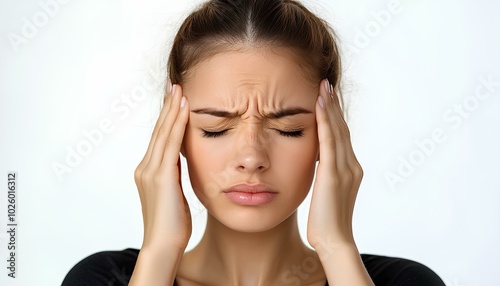 Woman with headache, isolated on white background. Female holding her head in pain, showing discomfort or stress. Concept of health issues, tension, migraine, or fatigue