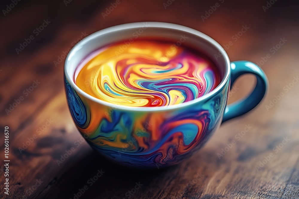 Colorful swirled beverage in a mug on a wooden surface. Colorful swirled beverage in a mug on a wooden surface.