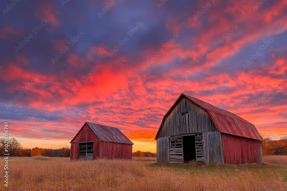 Scenic view of barns in autumn light Scenic view of barns in autumn light