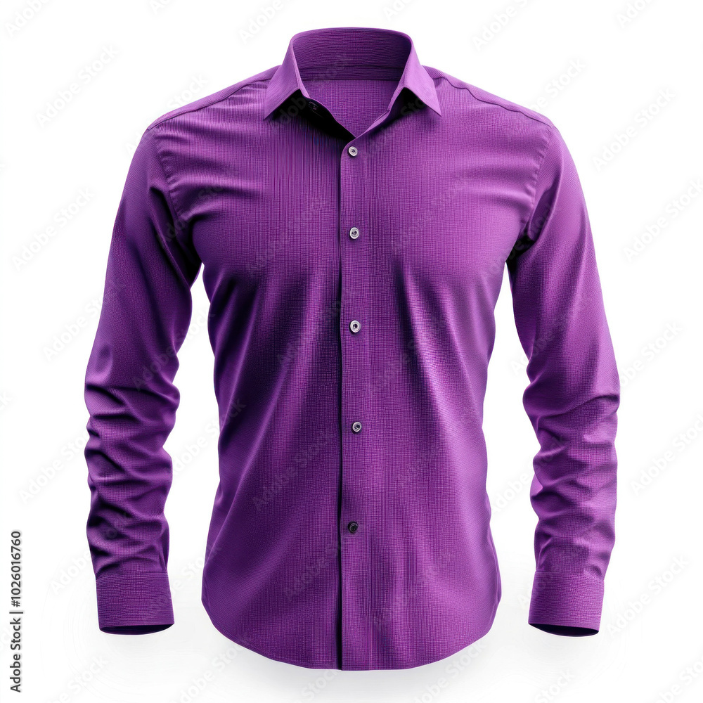 Purple shirt with button down the front, hanging on a wooden hanger in a bright, organized closet with shoes neatly arranged below. Purple shirt with button down the front, hanging on a wooden hanger in a bright, organized closet with shoes neatly arranged below.