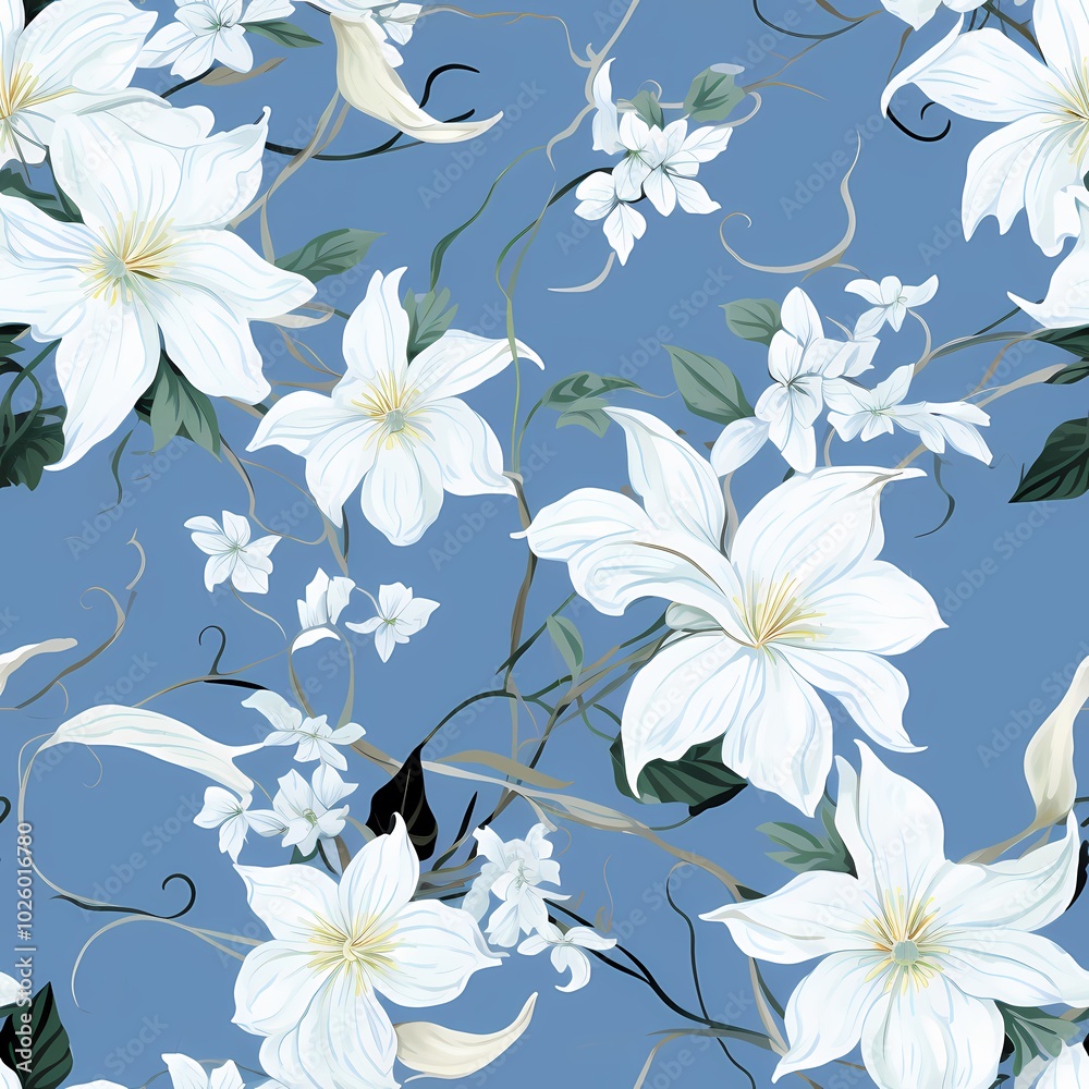 Elegant white flowers with green leaves on a deep blue backdrop for a sophisticated look. Elegant white flowers with green leaves on a deep blue backdrop for a sophisticated look.