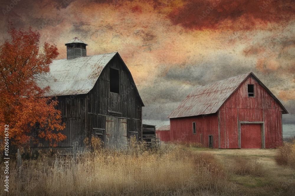 Picturesque barns under a fall sky Picturesque barns under a fall sky