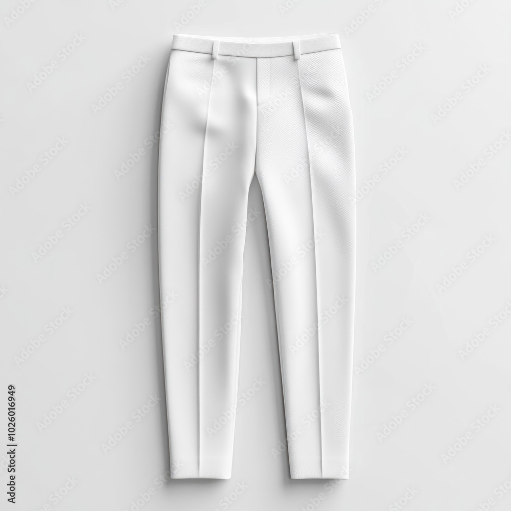 High-waisted white trousers on display with a sleek design and clean lines. High-waisted white trousers on display with a sleek design and clean lines.