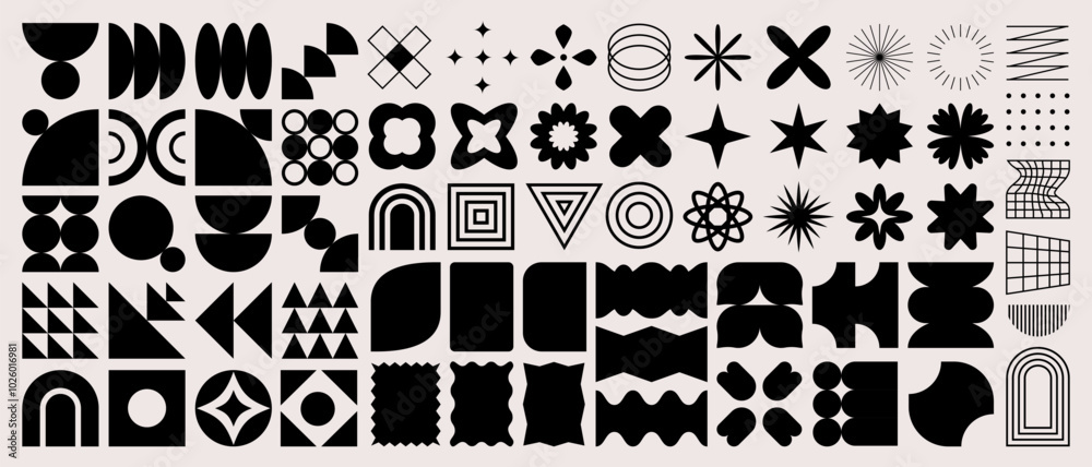 Obraz premium Brutalist abstract groovy shape, brutal contemporary icon, spiral flower, frame, star, sticker and 90s boho geometric pattern in trendy retro psychedelic Y2K style. y2k social media brutalism symbol.