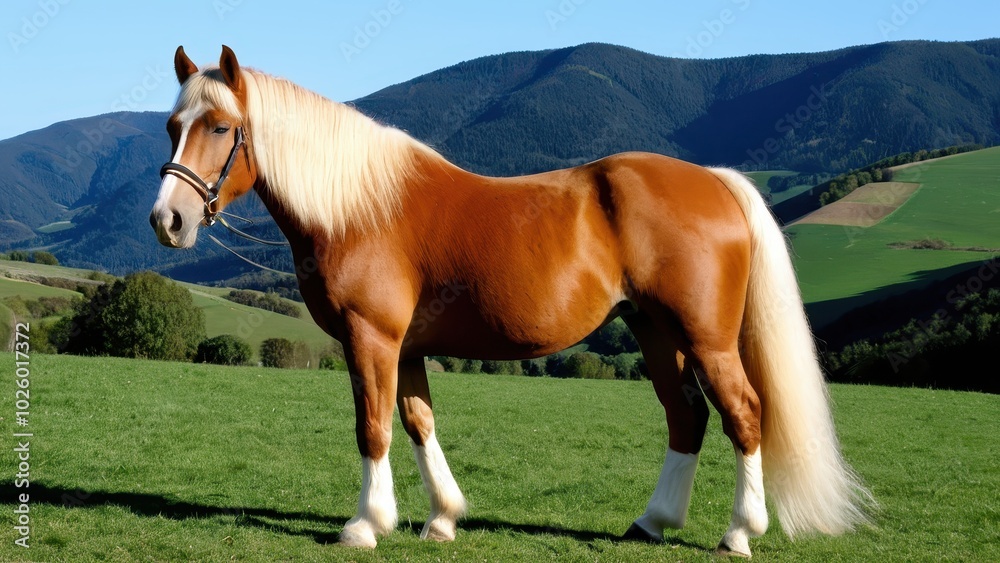 Obraz premium Stunning Haflinger horse in a natural pose, gazing to the left. Perfect for equestrian-themed projects, stock imagery, or nature-inspired artwork