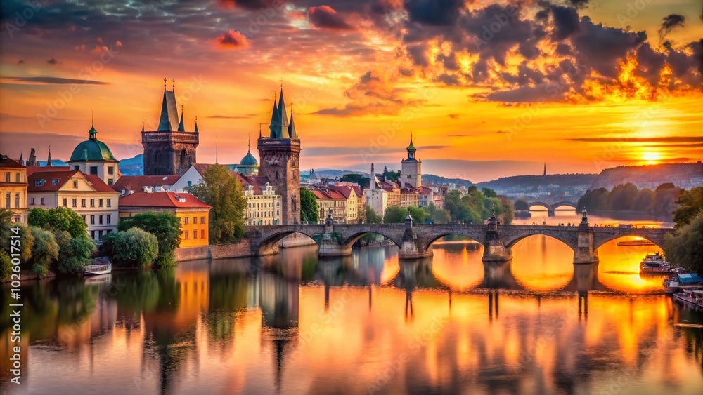 Naklejka premium Stunning Summer Sunrise over Charles Bridge and Prague Skyline