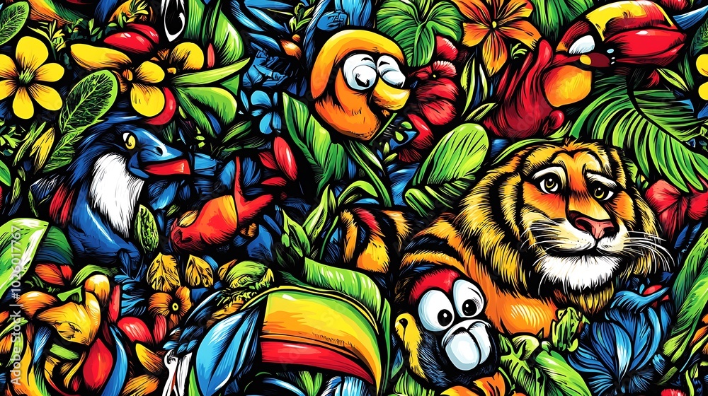 Fototapeta premium A colorful jungle doodle pattern filled with tigers, monkeys, and toucans, with tropical leaves, vines, and exotic flowers intertwined, bright and playful colors, hd quality, stylized art,