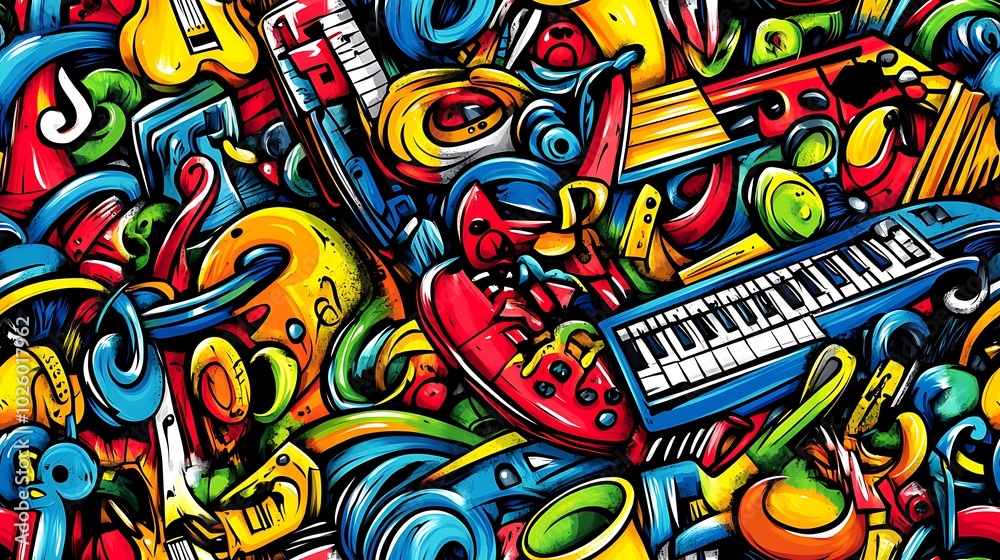 A colorful music-themed doodle pattern featuring electric guitars, keyboards, drums, and saxophones, surrounded by swirling musical notes and headphones, with a vibrant neon background, lively colors, A colorful music-themed doodle pattern featuring electric guitars, keyboards, drums, and saxophones, surrounded by swirling musical notes and headphones, with a vibrant neon background, lively colors,