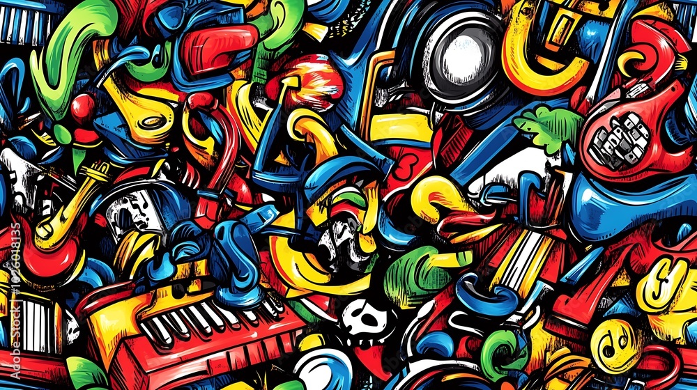 A colorful music-themed doodle pattern featuring electric guitars, keyboards, drums, and saxophones, surrounded by swirling musical notes and headphones, with a vibrant neon background, lively colors, A colorful music-themed doodle pattern featuring electric guitars, keyboards, drums, and saxophones, surrounded by swirling musical notes and headphones, with a vibrant neon background, lively colors,