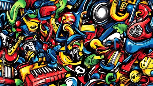 A colorful music-themed doodle pattern featuring electric guitars, keyboards, drums, and saxophones, surrounded by swirling musical notes and headphones, with a vibrant neon background, lively colors,