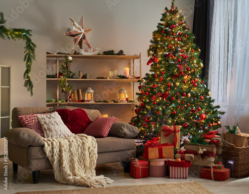 Cozy firefly living room decorated for Christmas with a beautifully adorned tree and festive touches