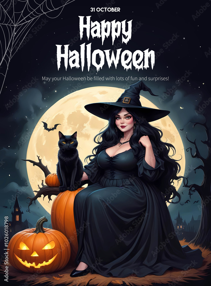 Happy halloween poster with young woman wearing black witch hat and dress sitting with black cat and halloween pumpkin Happy halloween poster with young woman wearing black witch hat and dress sitting with black cat and halloween pumpkin