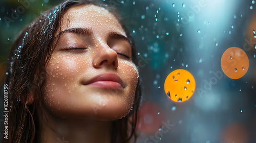 Wallpaper Mural A close-up of a young woman standing in the rain, her face gently illuminated by soft, natural light Torontodigital.ca