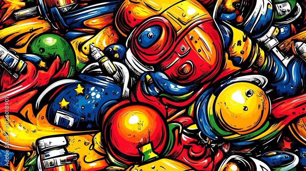 A colorful space doodle pattern filled with astronauts, satellites, and rockets, with planets, star clusters, and swirling nebulae in the background, glowing lights and bright colors, hd quality, A colorful space doodle pattern filled with astronauts, satellites, and rockets, with planets, star clusters, and swirling nebulae in the background, glowing lights and bright colors, hd quality,