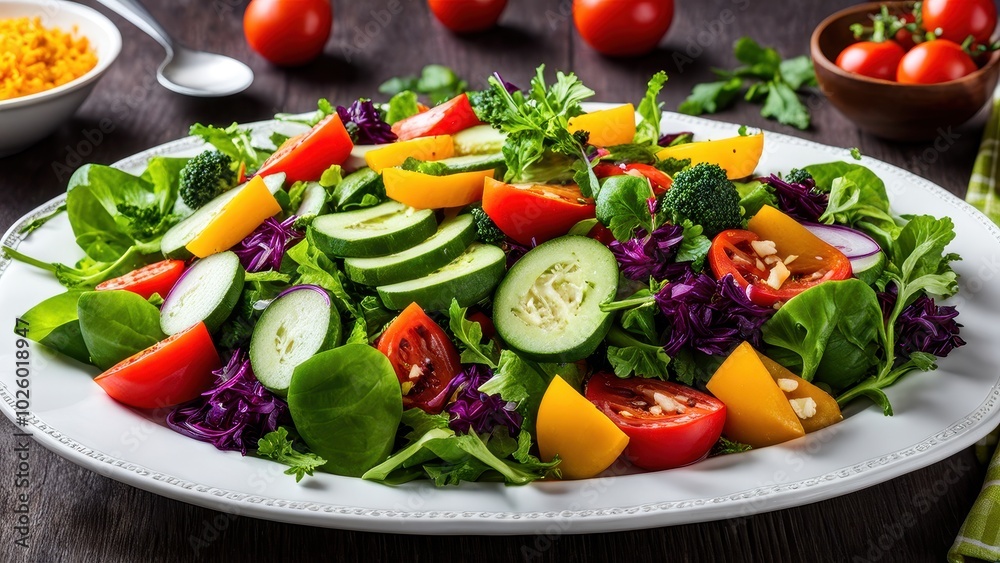 A vibrant salad featuring fresh vegetables on a decorative platter. A vibrant salad featuring fresh vegetables on a decorative platter.