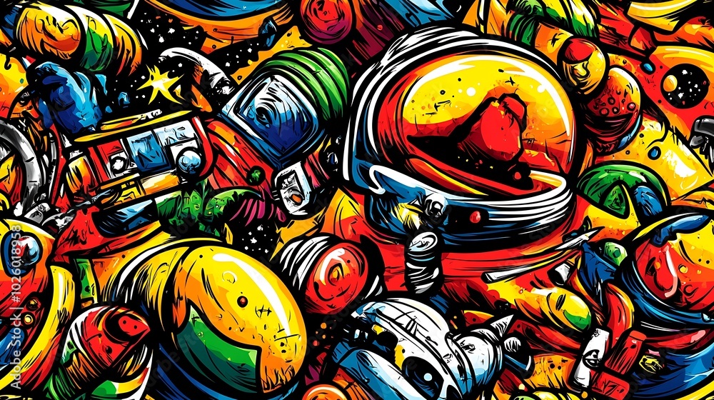 A colorful space doodle pattern filled with astronauts, satellites, and rockets, with planets, star clusters, and swirling nebulae in the background, glowing lights and bright colors, hd quality, A colorful space doodle pattern filled with astronauts, satellites, and rockets, with planets, star clusters, and swirling nebulae in the background, glowing lights and bright colors, hd quality,