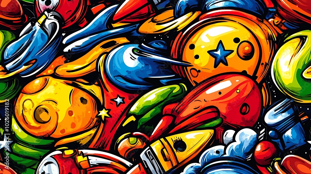 Obraz premium A colorful space exploration doodle pattern featuring astronauts, satellites, rockets, and comets, with planets and star clusters in the background, bright colors and glowing lights, hd quality,