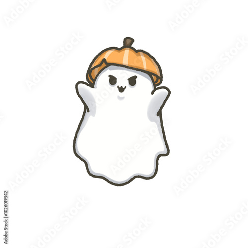 Cute white ghost wearing pumpkin hat 